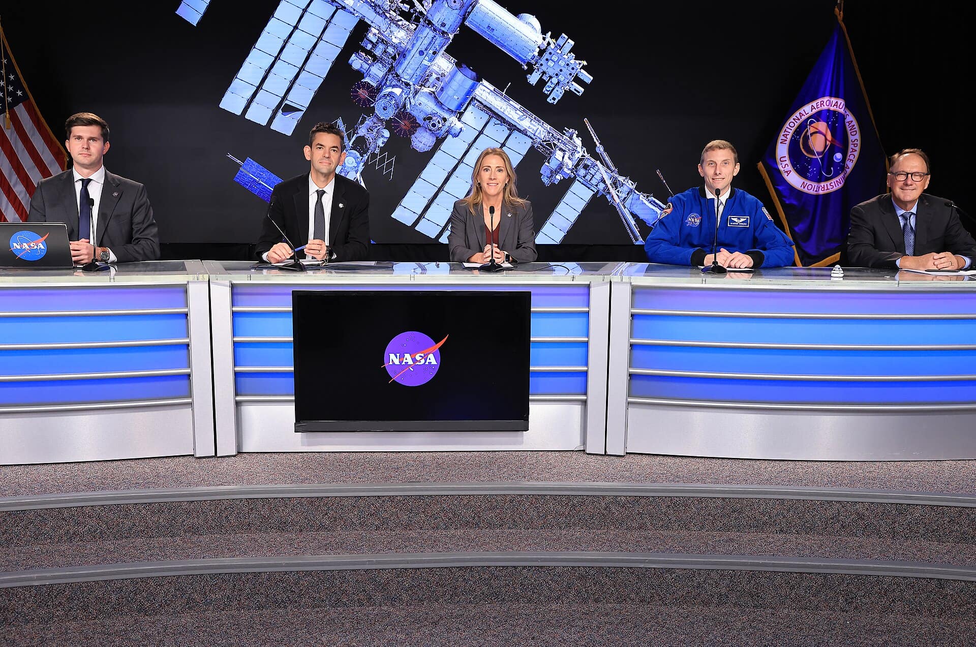 NASA and Boeing leadership discuss Starliner’s development and plans for regular crew flights to and from the International Space Station during a news conference Monday, Sept. 28, 2026, inside the John Holliman Auditorium of the NASA News Center at the agency’s Kennedy Space Center in Florida. From left to right, George Alderman, NASA deputy press secretary, NASA Administrator Jared Isaacman; Dana Weigel, manager, NASA’s Low Earth Orbit Program; Woody Hoburg, NASA astronaut, and commander of the Starliner’s next crewed mission; and John Mulholland, vice president and program manager, Boeing Commercial Crew.