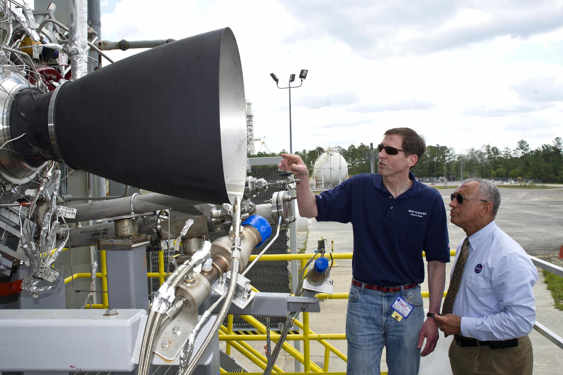 NASA Administrator Charles Bolden (r) discusses the upcoming testing of Blue Origin's BE-3 engine thrust chamber assembly with Steve Knowles, Blue Origin project manager, at the E-1 Test Stand during an April 20, 2012, visit to Stennis Space Center. Blue Origin is one of NASA's partners developing innovative systems to reach low-Earth orbit.