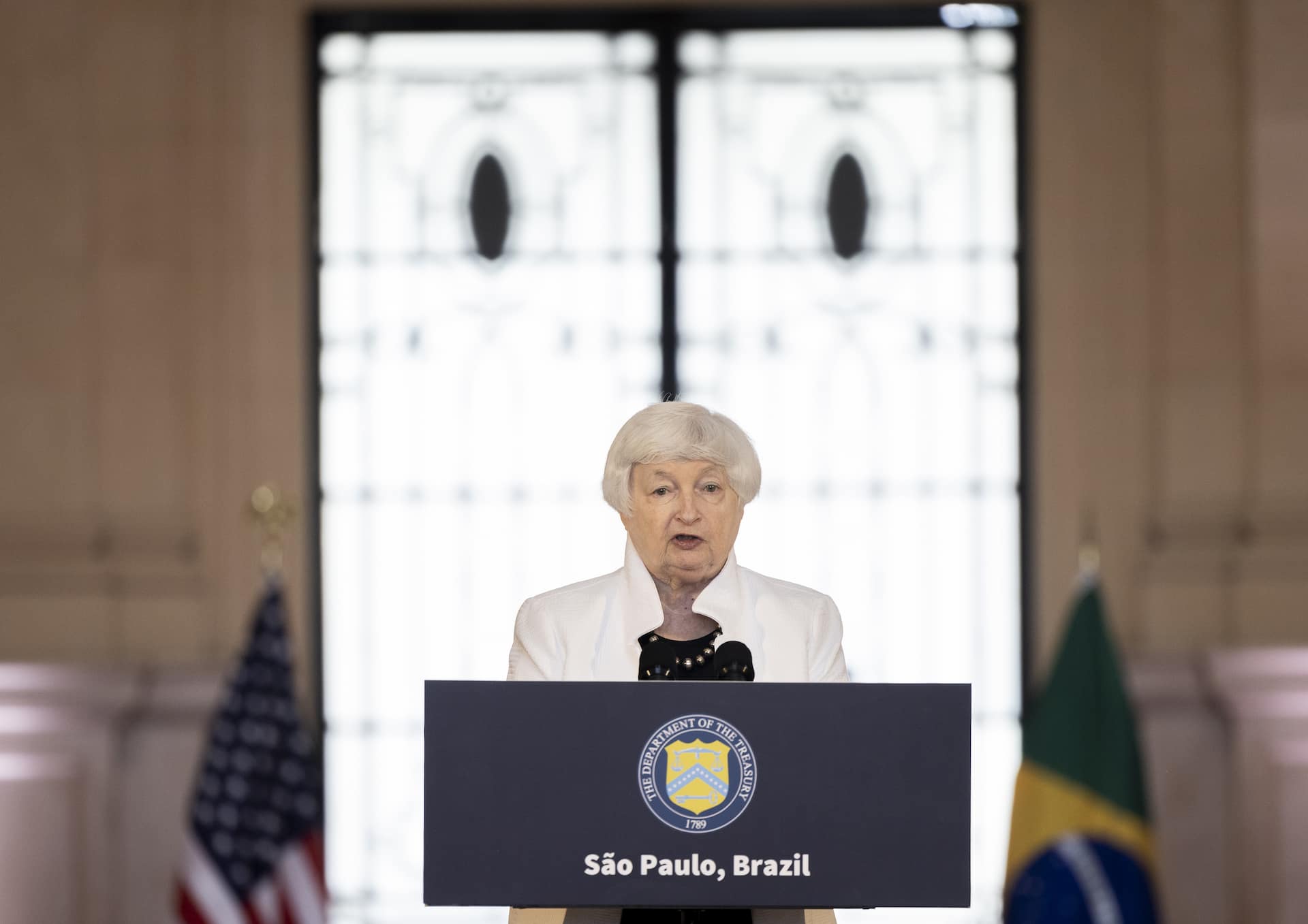 Yellen participa de coletiva de imprensa na Sala São Paulo, antes das reuniões de ministros da Fazenda e presidentes de Bancos Centrais do G20. ___ U.S. Secretary of Treasury Janet L. Yellen at press conference at Sala Sao Paulo ahead of G20 Finance Ministers and Central Bank Governors Meetings. Foto: Alexandre Schneider
