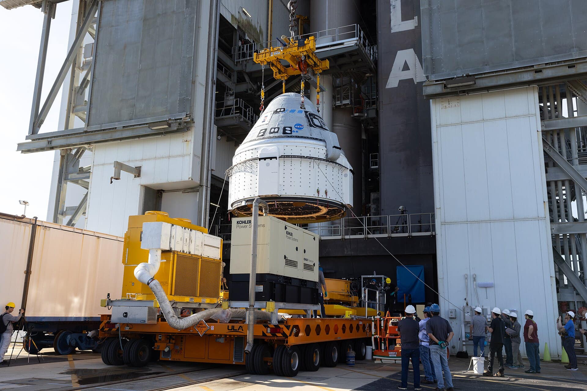 The Boeing Starliner spacecraft is lifted at the Vertical Integration Facility at Space Launch Complex-41 at Cape Canaveral Space Force Station in Florida on Tuesday, April 16, 2024. Starliner will be secured atop a United Launch Alliance Atlas V rocket for NASA’s Boeing Crew Flight Test to the International Space Station for the agency’s Commercial Crew Program. The spacecraft rolled out from Boeing's Commercial Crew and Cargo Processing Facility at NASA's Kennedy Space Center earlier in the day.