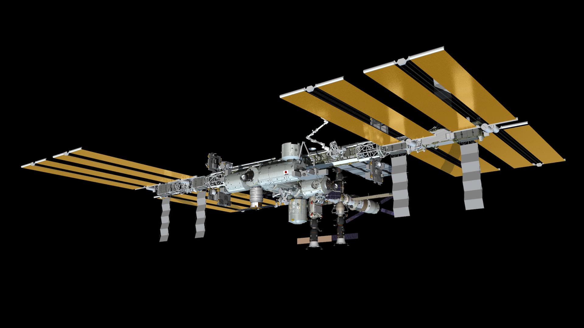 JSC2013-E-088577 (September 2013) --- Computer-generated artist's rendering of the International Space Station as of Sept. 28, 2013. Orbital Sciences Cygnus cargo craft is berthed to the Harmony node nadir port. Soyuz 36 (TMA-10M) is docked to Poisk Mini-Research Module 2 (MRM2). Progress 52 resupply vehicle is linked to the Pirs Docking Compartment. European Space Agency's "Albert Einstein" Automated Transfer Vehicle (ATV-4) cargo ship is docked to the Zvezda Service Module's aft port. Soyuz 35 (TMA-09M) is attached to the Rassvet Mini-Research Module 1 (MRM1).