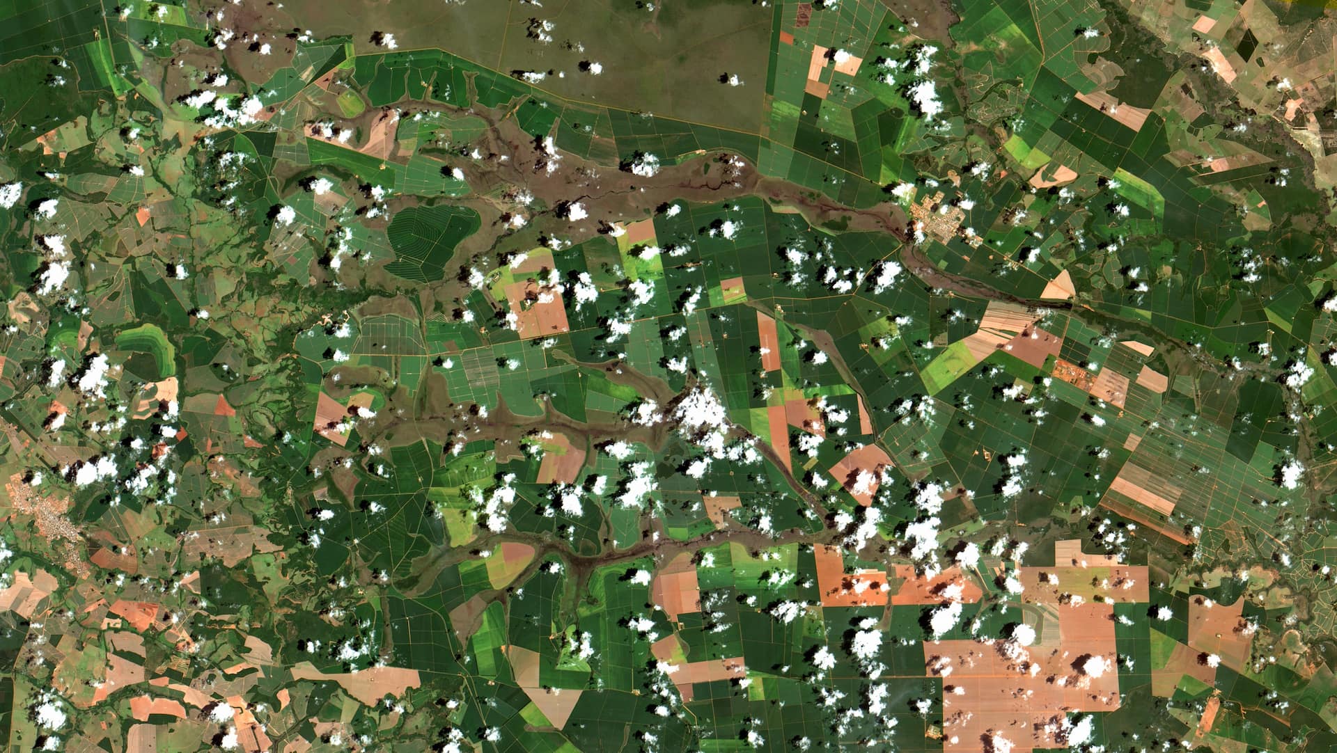 Chapadão do Céu, Goiás. Área urbana em salpicado alaranjado, no alto à dir.. Campo cerrado em marrom, no alto à esq. no Parque Nacional das Emas e acompanhando as várzeas dos rios cruzando a imagem da esq. para a dir.. Os diversos polígonos, formando como que uma colcha de retalhos, são áreas agrícolas. Em verde escuro, quase em fase de colheita, em verde claro recentemente plantadas e em laranja, solo exposto. Nessa região está iniciando a colheita da soja e iniciou em Dezembro a colheita e o plantio do algodão. Milho normalmente é plantado na segunda safra / Chapadão do Céu, Brazil. Town in orangeish saltpepper, at image right top. Savanna fields in brown, at Emas National Park, at left top, and along rivers, crossing image from left to right, lowlands. Polygons patchwork are agricultural areas. In dark green, when near harvest time, recently sown in light green and in orange, exposed soil. Soybeans harvest has just started and cotton started being sown in December. Corn here is usually planted after soy has been harvested. chapadãodocéu #goiás #matogrossodosul #parquenacionaldasemas #soja #milho #algodão #agribusiness #soybeans #cotton #agricultura #safra #sensoriamentoremoto #remotesensing #teledetección #télédétection #CBERS4 Imagem / Image CBERS4 MUX Chapadão do Céu, Goiás Coordenadas do centro da imagem / Image center: 18°25'45.8"S 52°45'50.3"W Data / Date: 08-01-2019 / 2019-08-01 RGB 765 (cor verdadeira / true color) Cena / Scene: 162 / 121 Autor / Author: Oton Barros (DSR/OBT/INPE) Imagem em HD / HD Image Visite-nos / Visit us: www.dsr.inpe.br
